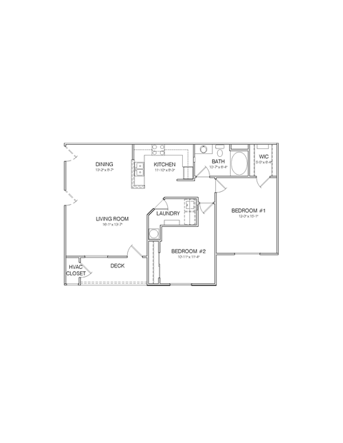 Floor plan for 2 beds, 1 bath, 1075 sqft